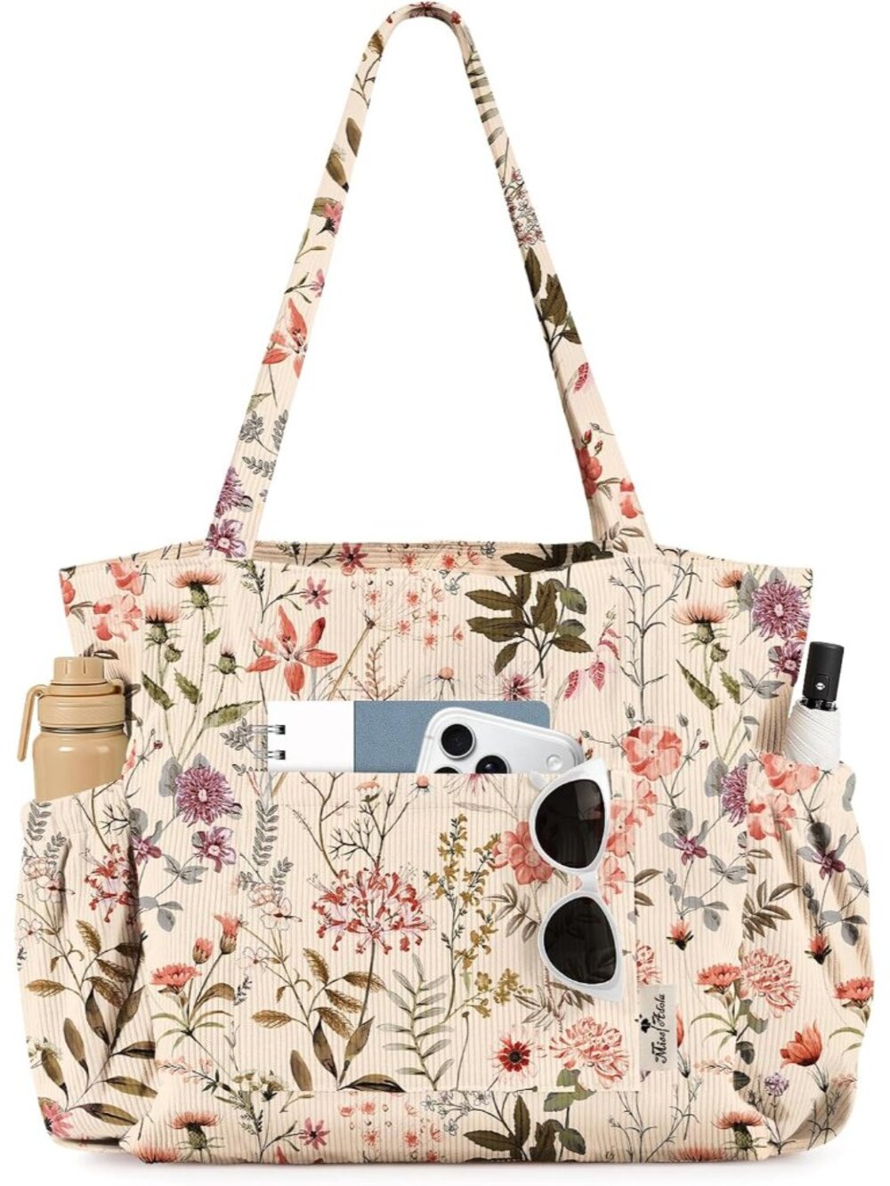 Cute Corduroy Tote Bag for Women Multi-Pocket with Zipper